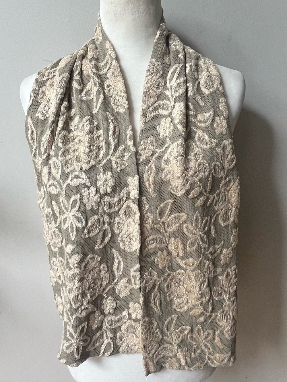 Textured Raised Floral Scarf Taupe Beige Chenille Style Neutral Cottagecore